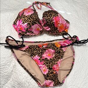 Leopard Print Bikini with Pink Floral Accents